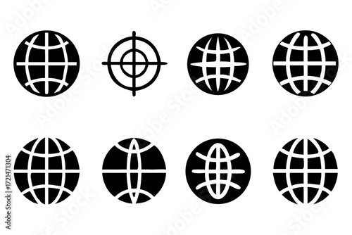 Collection of eight globe icons, featuring various grid patterns and a target symbol, representing global connectivity and precision