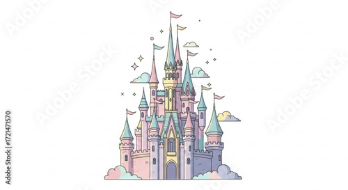 A whimsical castle rises amidst fluffy clouds, pastel hues paint a dreamy scene, evoking fairy tales and enchantment