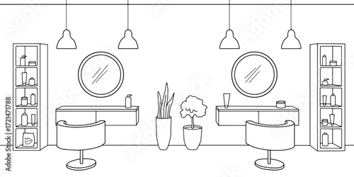 Hairdressing salon interior graphic black white sketch illustration vector 