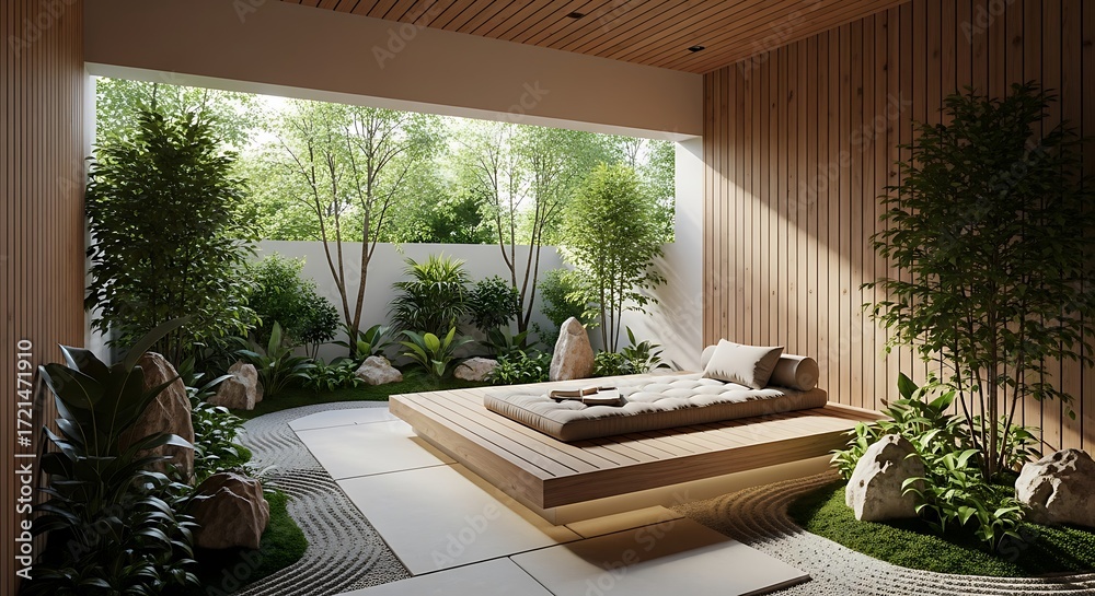 Fototapeta premium A serene zen garden with a wooden platform, lush greenery, and natural light, creating a peaceful and meditative outdoor space for relaxation