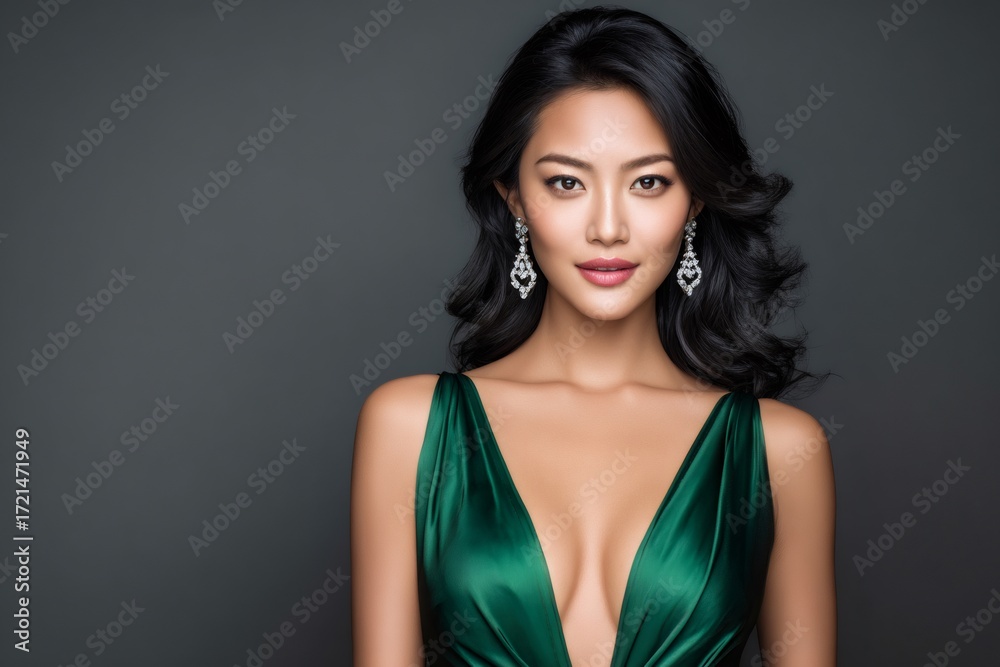 Fototapeta premium Asian woman modeling elegant green dress and earrings