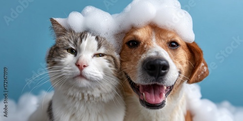 smiling and happy cat and dogcat with soap suds on its fur on a plain blue background