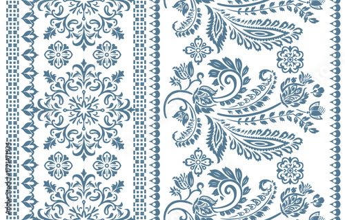 floral pattern vintage ethnic modern embroidery texture boho design vector illustration hand drawn pink flower motif branches leaves wallpaper seamless background border.