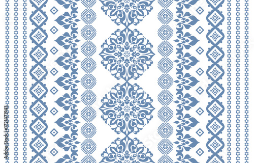 floral pattern vintage ethnic modern embroidery texture boho design vector illustration hand drawn pink flower motif branches leaves wallpaper seamless background border.
