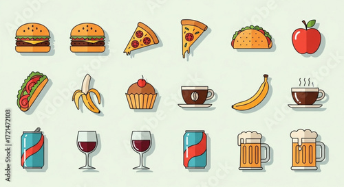 Illustration of various food and drink items, including burgers, pizza, tacos, fruit, beverages, and desserts