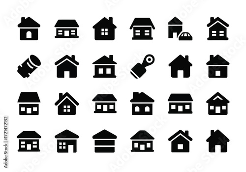 Collection of various house icons and symbols, representing different architectural styles and building types, isolated on a