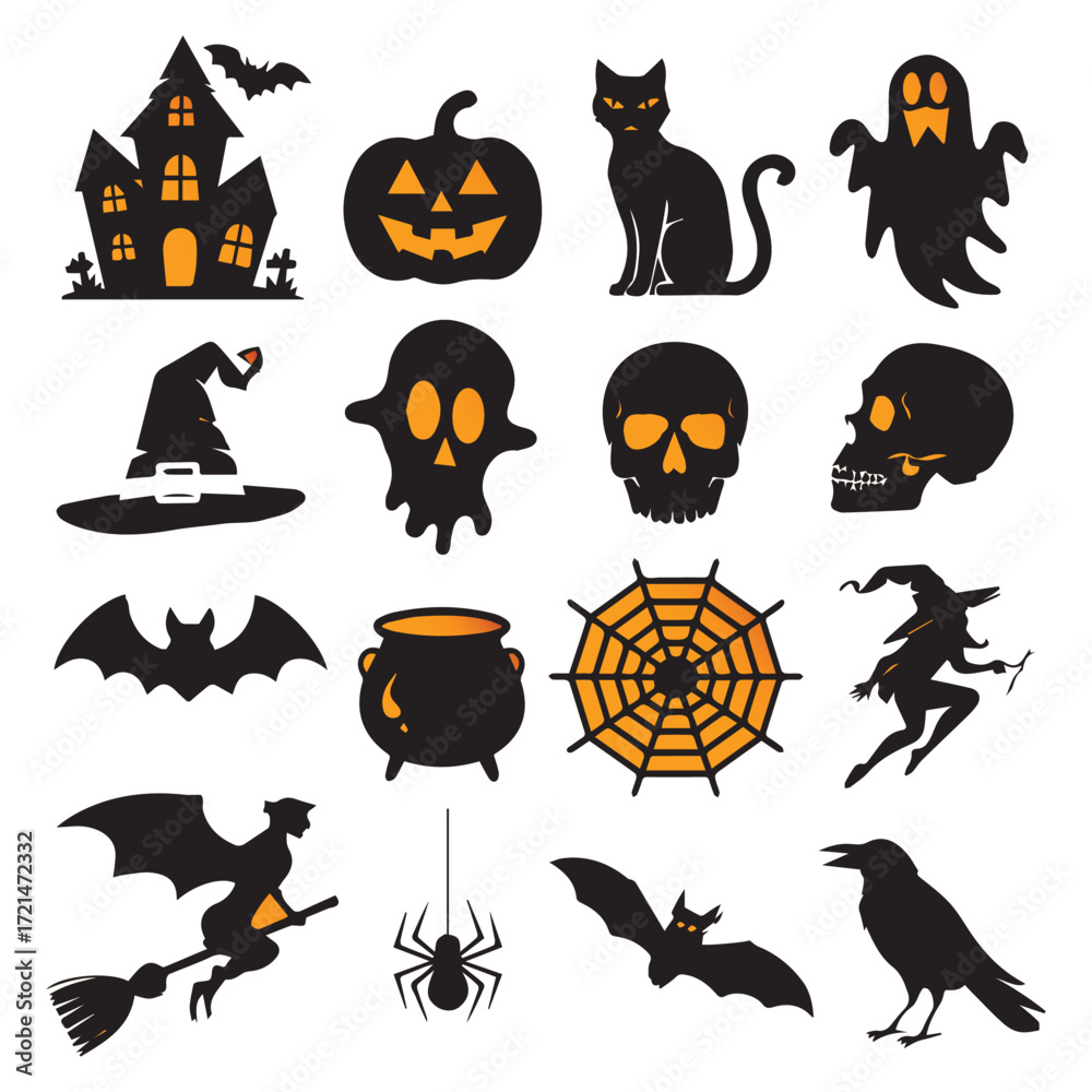 Fototapeta premium Halloween Silhouette Set Haunted House Pumpkin Witch Cat Ghost Spider Skulls Bat Cauldron