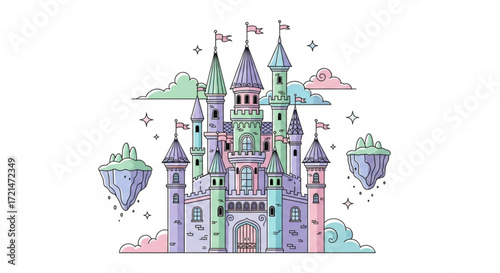 Enchanting castle illustration, featuring whimsical architecture, pastel colors, and floating islands in a dreamy landscape