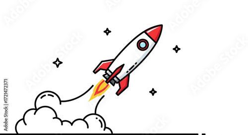 Rocket launch illustration, featuring a sleek design, fiery exhaust, and billowing smoke in a dynamic upward trajectory