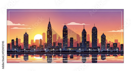 A vibrant cityscape silhouette reflects on calm waters during a breathtaking sunset, casting a warm glow over the urban skyline