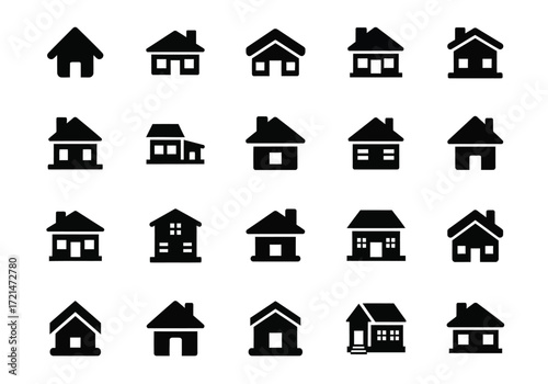 Collection of various black house icons in a grid on a, representing different architectural styles and building types