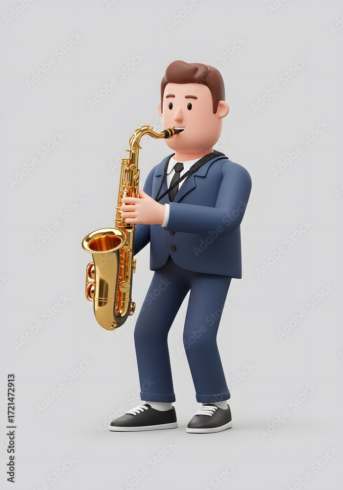 Naklejka premium Cartoon Man Playing Saxophone in Blue Suit