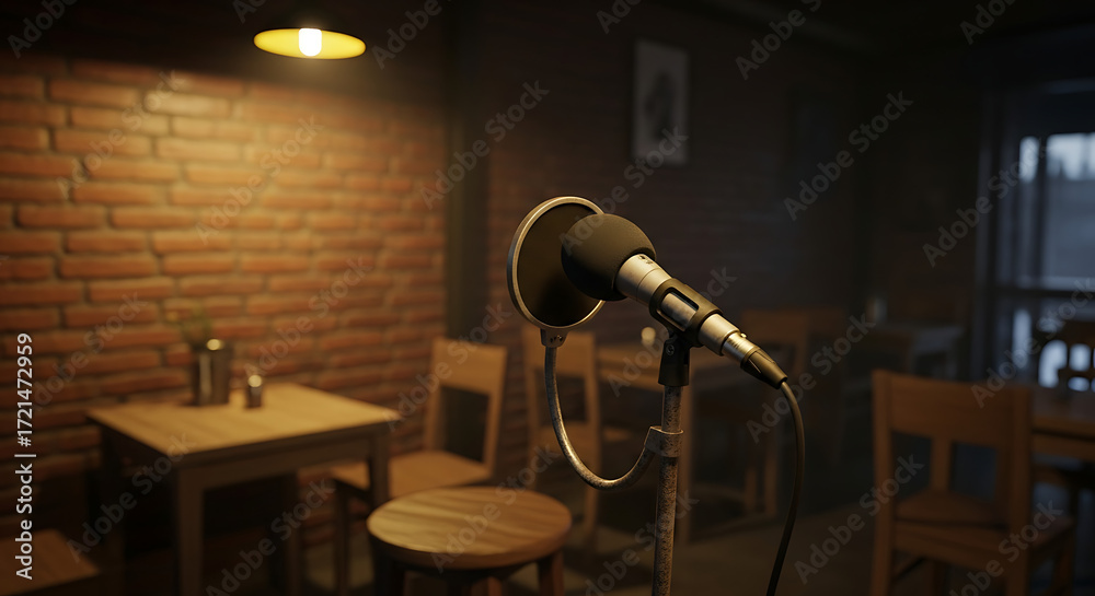 Obraz premium Vintage Microphone in Intimate Cafe Setting