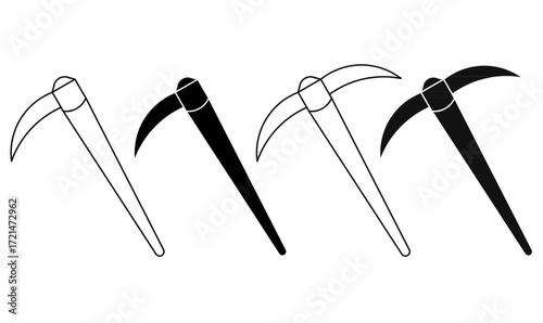 Set of mining pickaxe icons in outline and silhouette style, vector tool symbol for construction, geology, excavation, survival game, or industry graphic design.