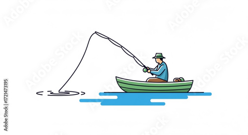 A man fishing in a boat, enjoying a peaceful day on the water, casting his line and waiting for a bite in the calm lake