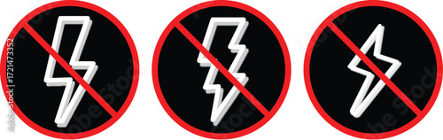 No Electricity and Lightning Prohibition Sign Icon Set. No lightning symbol, ban. Blackout icons, power outage, bright warning. No Electricity on transparent background
