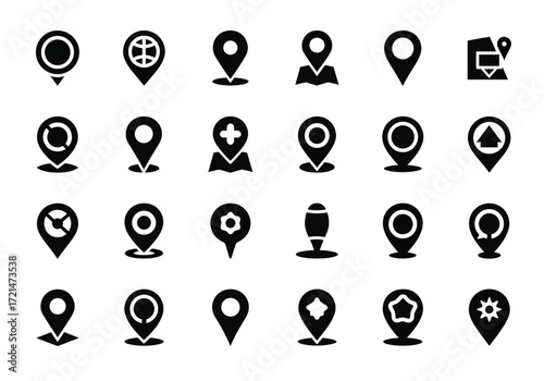 Collection of black location pin icons on a, representing navigation and mapping concepts