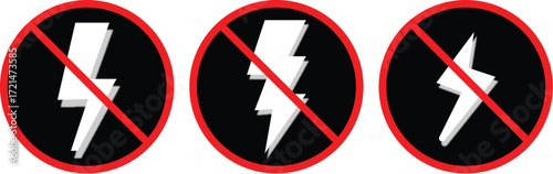 No Electricity and Lightning Prohibition Sign Icon Set. No lightning symbol, ban. Blackout icons, power outage, bright warning. No Electricity on transparent background
