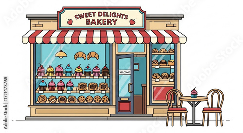 Sweet delights bakery shop with cupcakes, cookies and croissants storefront with awning, window and door illustration