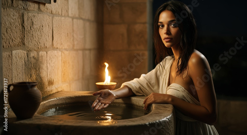 The biblical story of Bathsheba bathing on a rooftop at night. A cinematic scene of beauty, vulnerability, and impending fateful events.