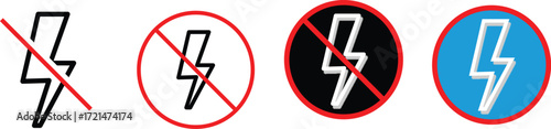 No Electricity and Lightning Prohibition Sign Icon Set. No lightning symbol, ban. Blackout icons, power outage, bright warning. No Electricity on transparent background
