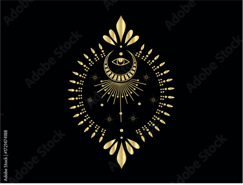 Ornate golden mystical emblem with eye and palm fronds