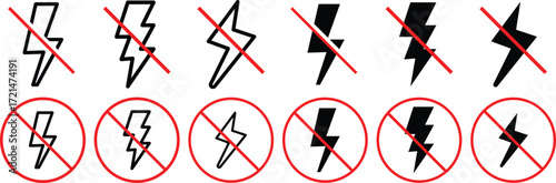 No Electricity and Lightning Prohibition Sign Icon Set. No lightning symbol, ban. Blackout icons, power outage, bright warning. No Electricity on transparent background
