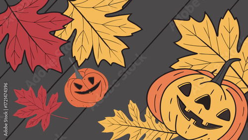 Halloween pumpkins and fall leaves background for autumn season october and november decorations design