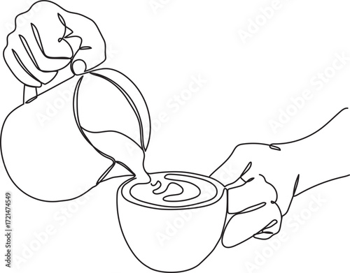 Barista Pouring Milk for Latte Art Line Illustration