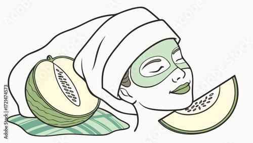 Woman relaxing with melon face mask and spa treatment for skincare and wellness routine at home beauty day