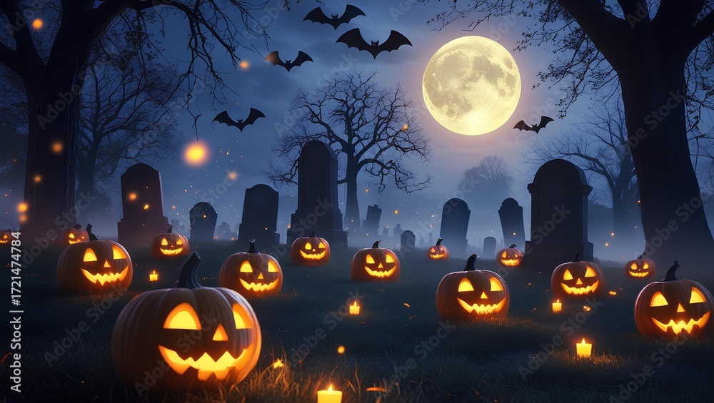 Fototapeta premium Spooky Halloween Graveyard: Glowing Jack-O'-Lanterns and Full Moon Night