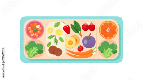 Healthy balanced lunch box with fresh fruit vegetables and protein for school kids and adults diet concept