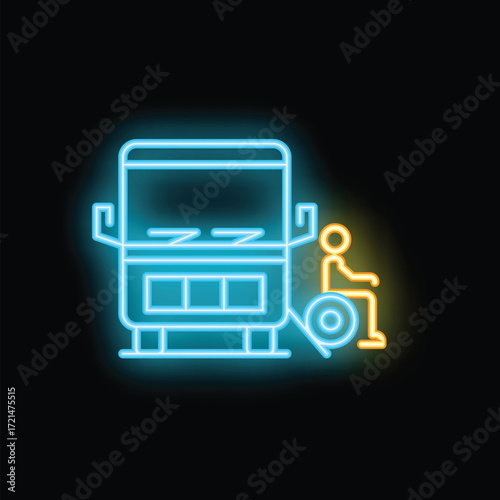 Glowing neon line icon of a person using a wheelchair getting on a bus equipped with an access ramp