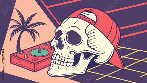 Retro dj skull with palm tree and turntable vector art illustration for music and dj themed designs