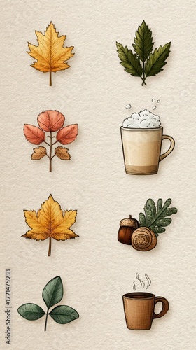 Colorful autumn leaves and cozy drinks create a warm seasonal atmosphere with nature's beauty and comfort