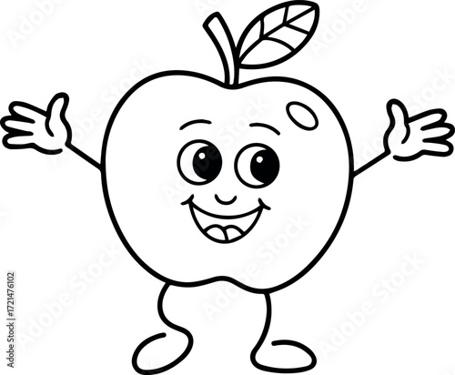 A happy cartoon apple character with its arms outstretched, isolated on a transparent background, smiling with a cheerful expression, ready for coloring or educational purposes, liner art style