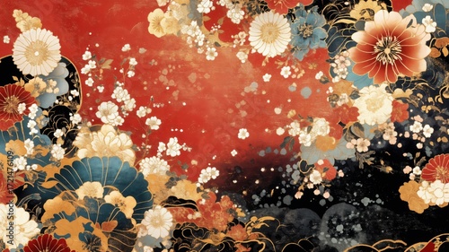 A luxurious Japanese-inspired pattern featuring golden chrysanthemums, fans, and stylized clouds on a rich red and black background