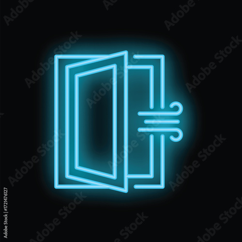 Blue neon icon of an open window allowing fresh air to enter a room