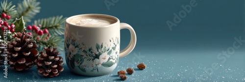 Warm holiday drink in a decorative mug surrounded by pinecones and festive greenery