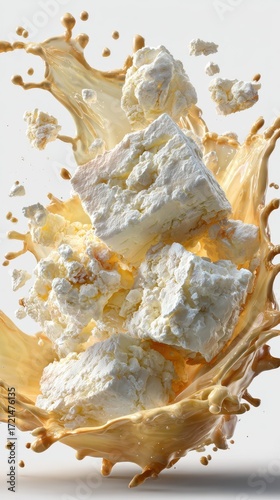 Impact of fluffy marshmallows splashing into creamy liquid at a dynamic kitchen setting