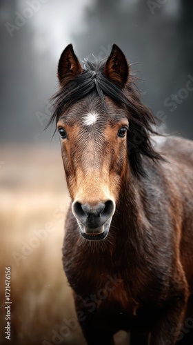 Brown horse with flowing mane presents a captivating presence in a serene, misty landscape during early morning light