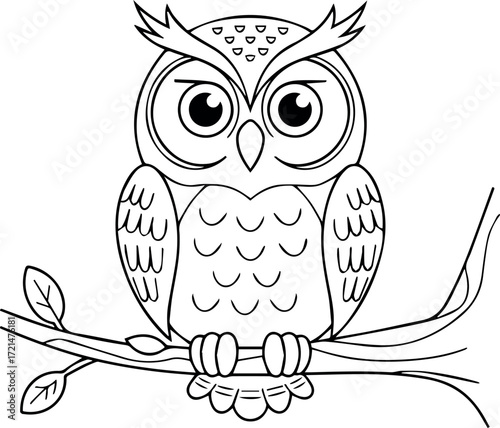 A cute cartoon owl sitting on a tree branch, with large eyes and a curious expression, isolated on transparent background, ideal for kids illustrations and educational content, liner art style