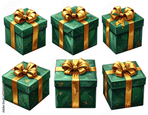 set of isolated illustrations of green colored gift box with golden ribbons. Created