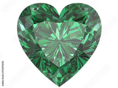 heart-shaped emerald gemstone with a deep green hue. It is designed to showcase the beauty and intricacy of a faceted gem.