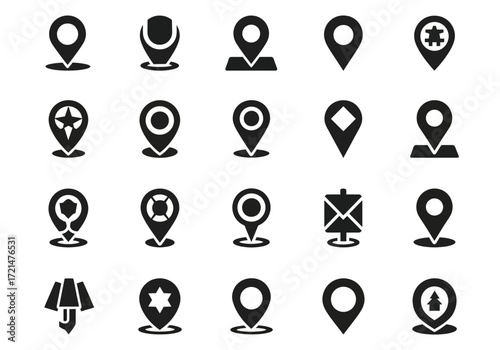 Collection of various black location pin icons and map markers isolated on a, representing navigation and destination