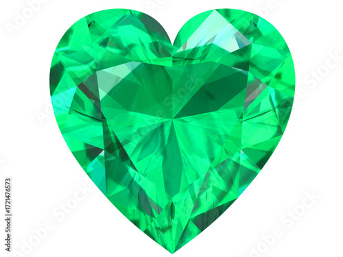 heart-shaped emerald gemstone with a deep green hue. It is designed to showcase the beauty and intricacy of a faceted gem.