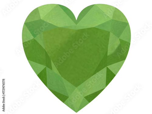 heart-shaped emerald gemstone with a deep green hue. It is designed to showcase the beauty and intricacy of a faceted gem.