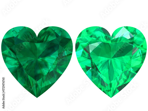 heart-shaped emerald gemstone with a deep green hue. It is designed to showcase the beauty and intricacy of a faceted gem.