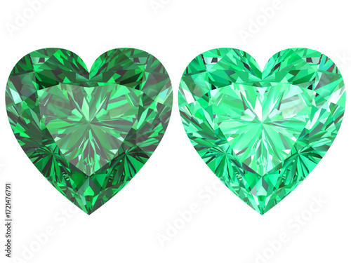 heart-shaped emerald gemstone with a deep green hue. It is designed to showcase the beauty and intricacy of a faceted gem.