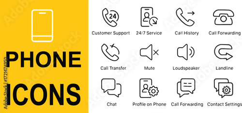 "Minimalist Line Icons for Phone Communication & Customer Support – Calls, Chat, 24/7 Service"